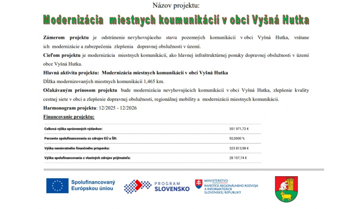 Modernizácia miestnych komunikácií v obci Vyšná Hutka