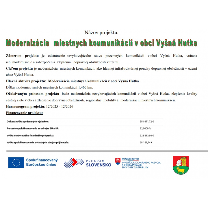 Modernizácia miestnych komunikácií v obci Vyšná Hutka