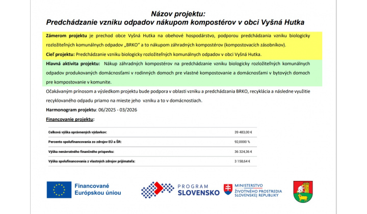Predchádzanie vzniku odpadov nákupom kompostérov v obci Vyšná Hutka