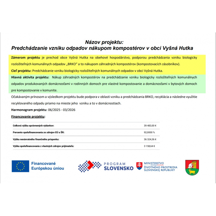 Predchádzanie vzniku odpadov nákupom kompostérov v obci Vyšná Hutka